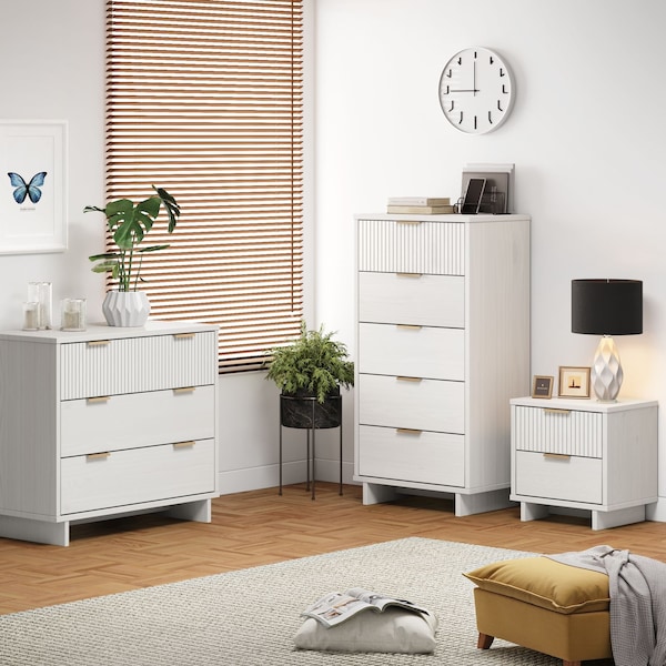 Manhattan Comfort Granville White 5-Drawer Tall Dresser, 3-Drawer Standard Dresser and 2-Drawer Nightstand, Set of 3 GRAN051 - main
